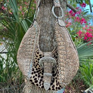 Raviani Multi Croco Embossed Handbag w  Cow hide & Rhinestone Buckle